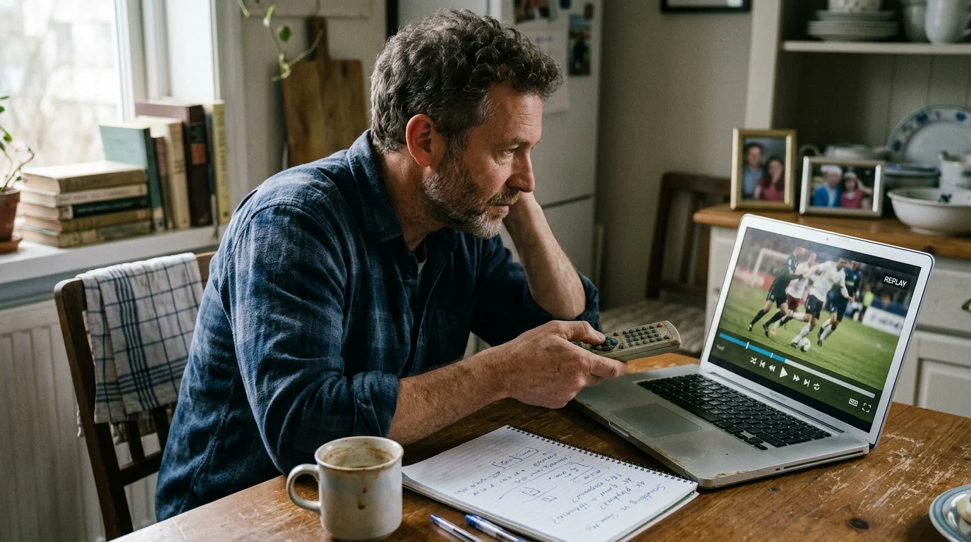 Man holding a remote control while analyzing soccer footage on a laptop at a kitchen table with a notebook.