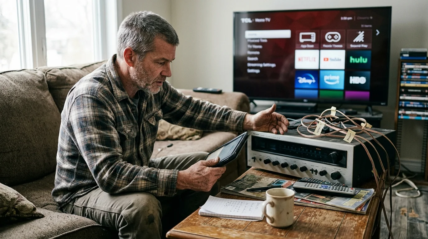 A man on a couch holds a tablet while examining a vintage stereo receiver on a coffee table near a television.