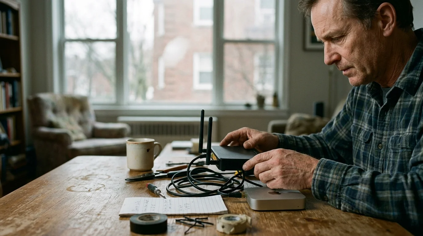 A man sitting at a wooden table examines a small black Wi-Fi router plugged into a mini computer.