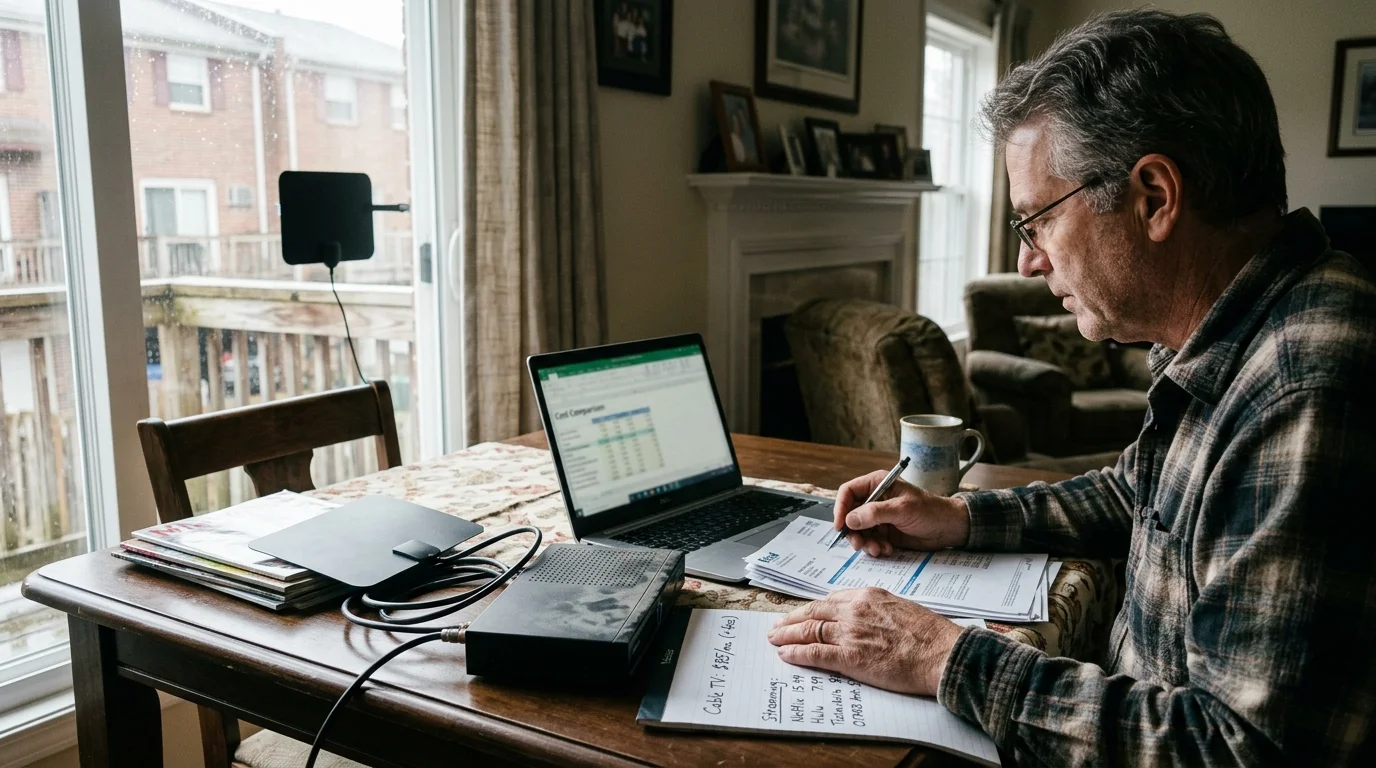 A man reviews bills and notes beside a laptop, TV tuners, and a flat indoor antenna near a glass balcony door.