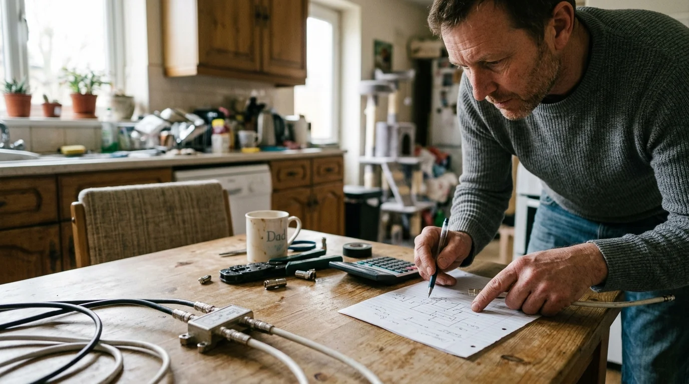 Man leaning over a wooden table writing wiring diagrams near a coaxial splitter, cables, tools, and a calculator.