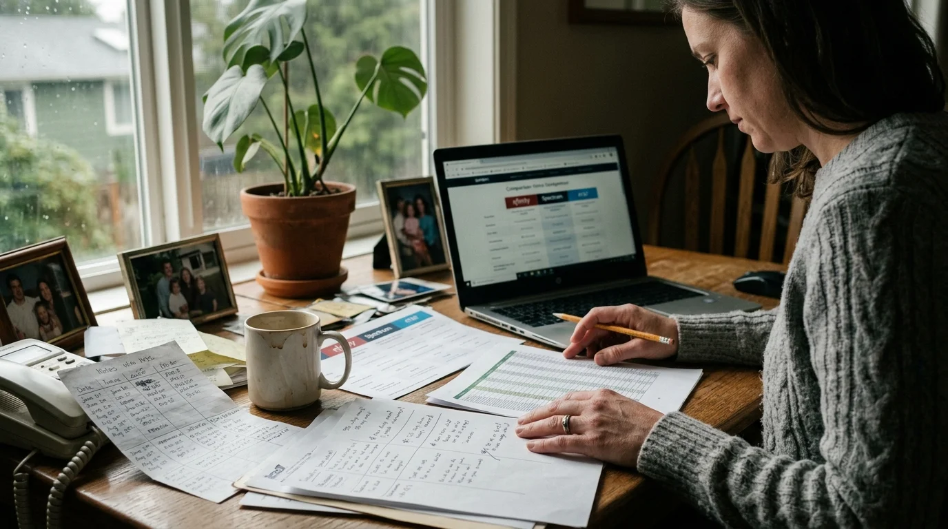A woman sitting at a wooden desk with a laptop, coffee mug, and printed comparison charts by a window.
