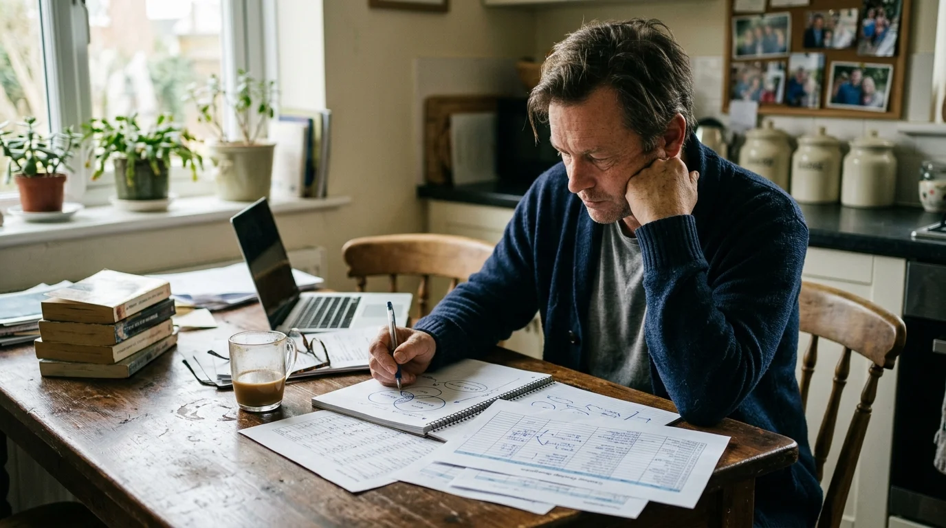 A man sits at a kitchen table with a laptop and papers, drawing diagrams in a spiral notebook.
