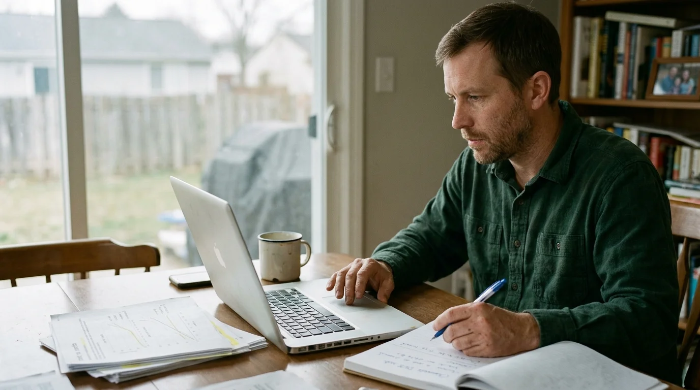 A man sitting at a wooden dining table writing in a notebook while looking at an open laptop.