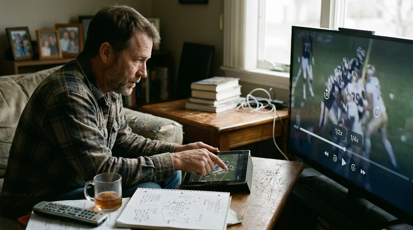 A man sits on a couch reviewing sports footage on a tablet and television with notebooks and a remote on the table.