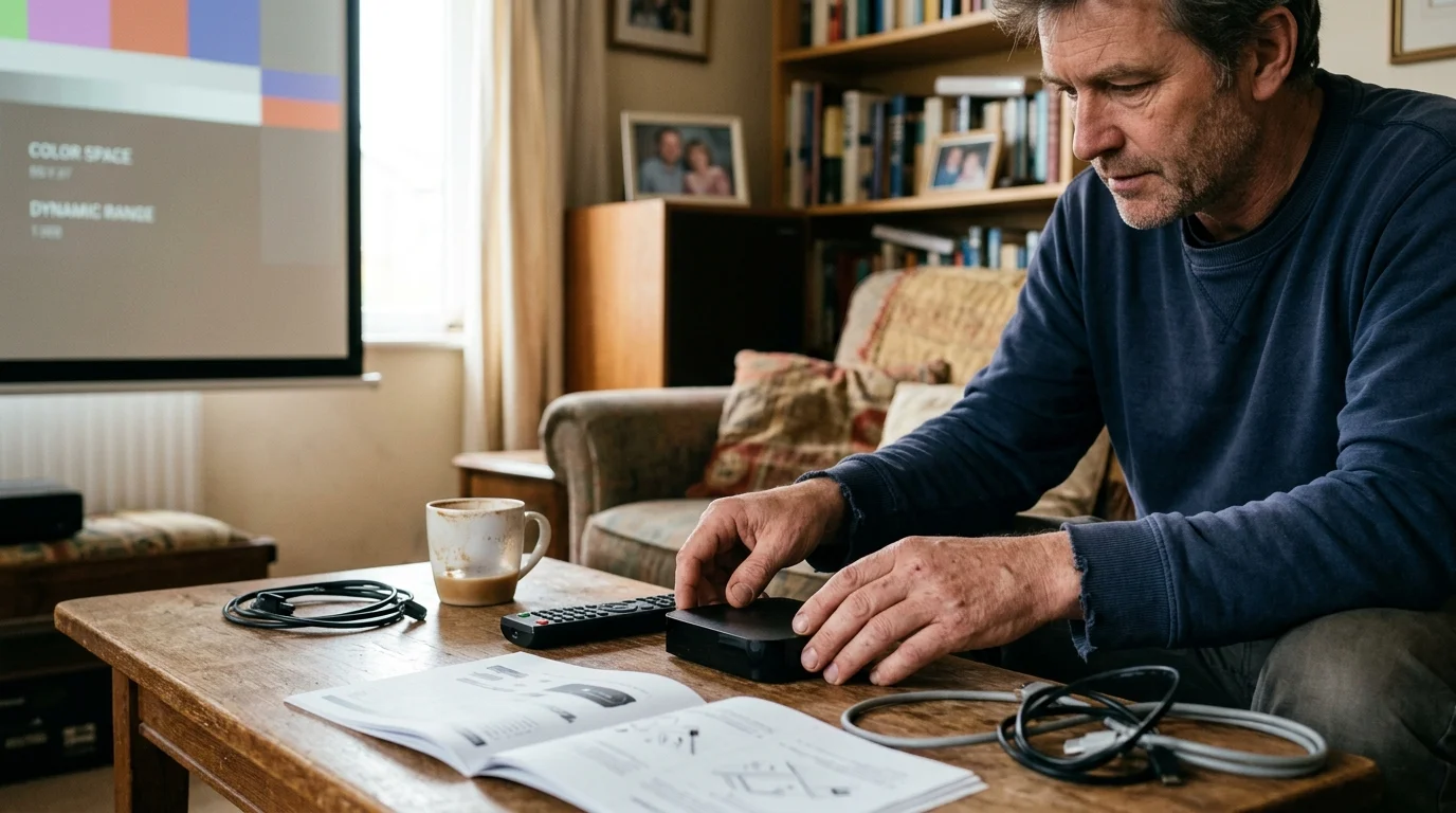 A man sets up a streaming box on a coffee table with cables and a manual in front of a projector screen.