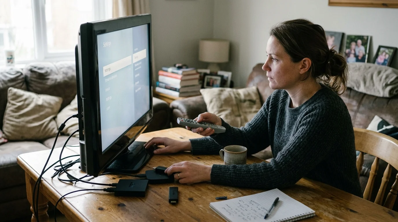 A woman sitting at a table with a remote control testing several streaming devices connected to a television.