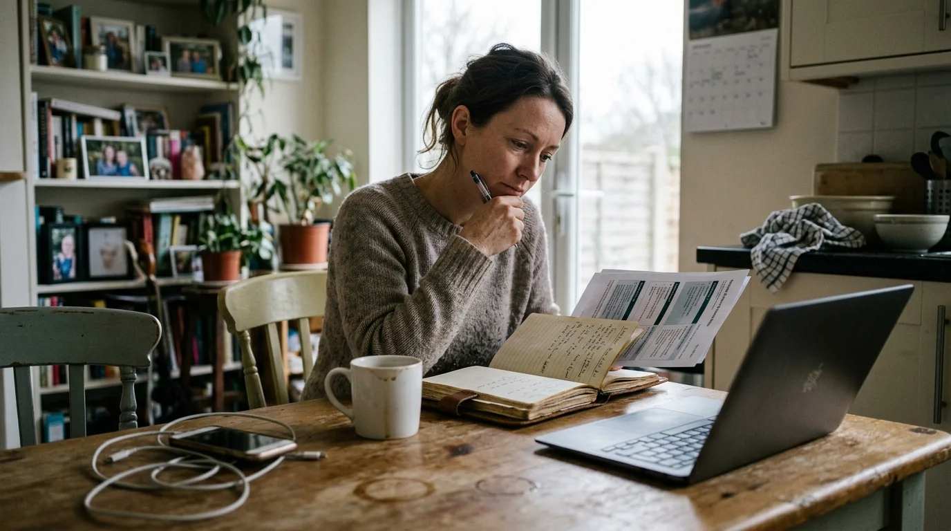 A woman sits at a wooden table reviewing papers and an open notebook beside an open laptop and coffee mug.
