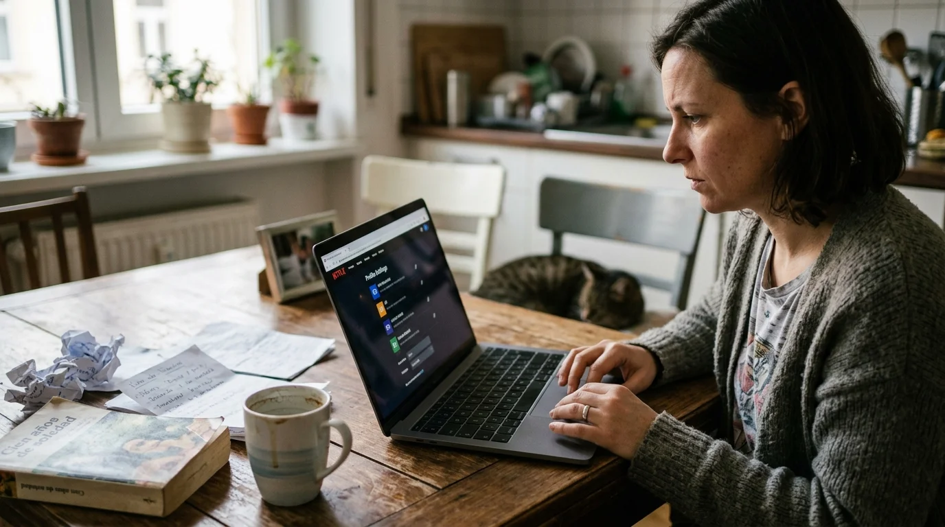 A woman sits at a wooden dining table typing on a laptop displaying a streaming account profile selection screen.