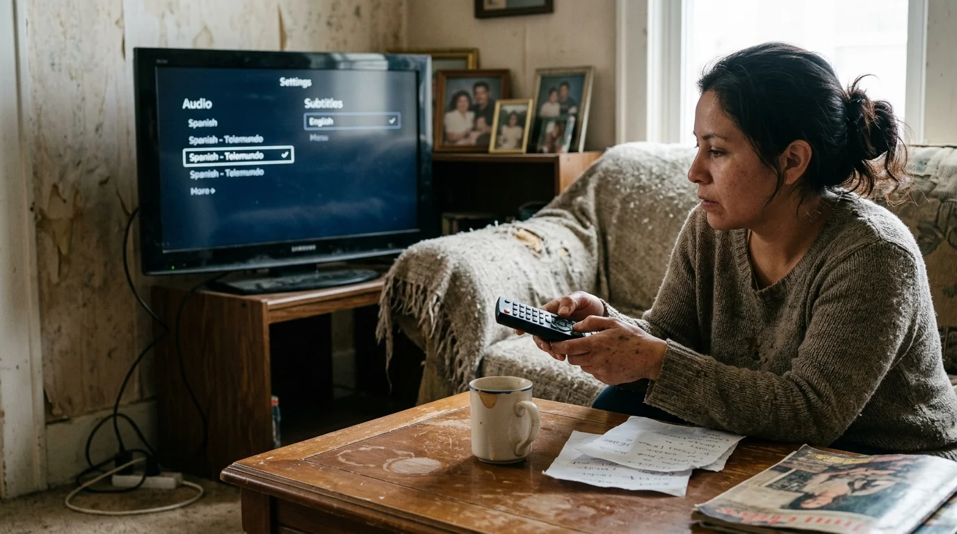 Woman sitting on an armchair holding a TV remote facing a television screen displaying an audio settings menu.