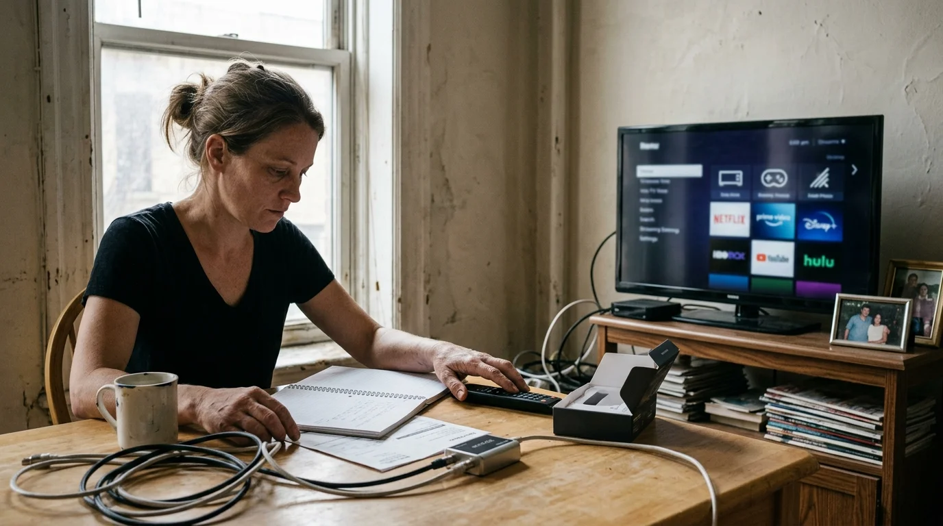A woman reviews a notebook at a table with coaxial cables, an adapter, and a television displaying streaming apps.