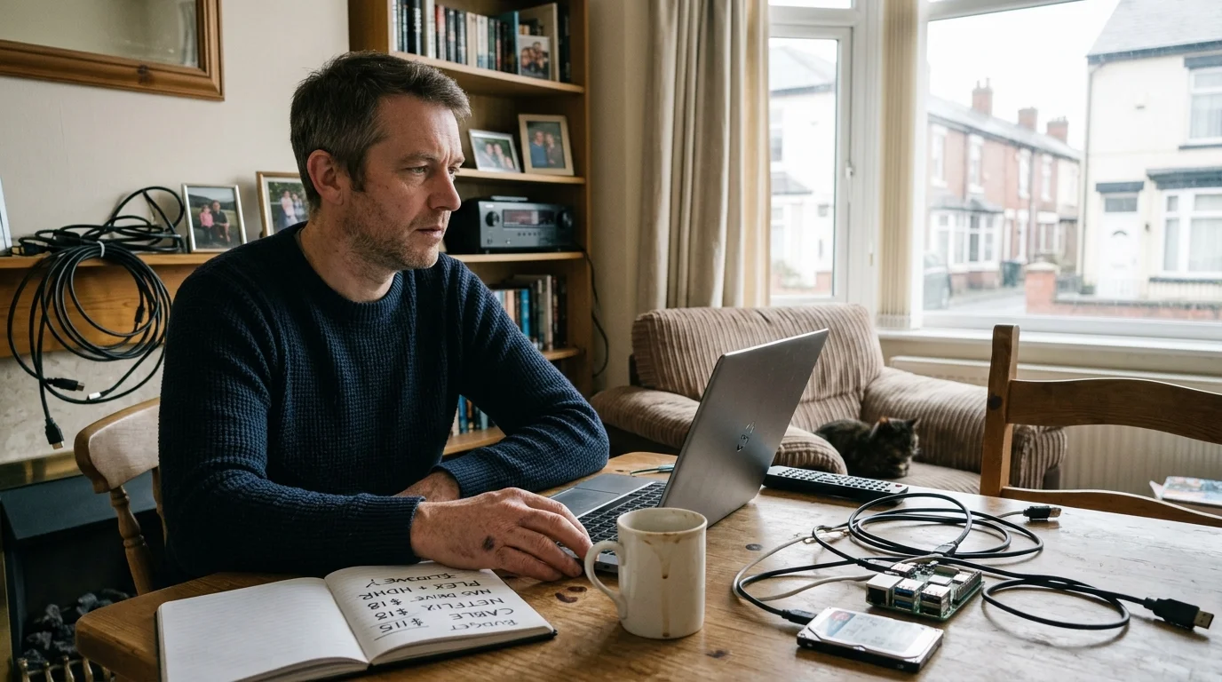 A man sits at a dining table with a laptop, open notebook, coffee mug, hard drive, and circuit board.