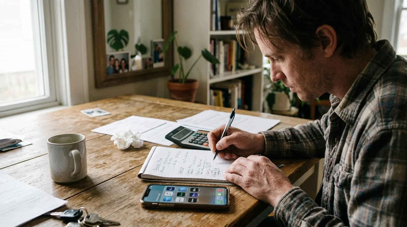 Man writing notes in a notebook at a wooden table with a calculator, smartphone, coffee mug, and papers.