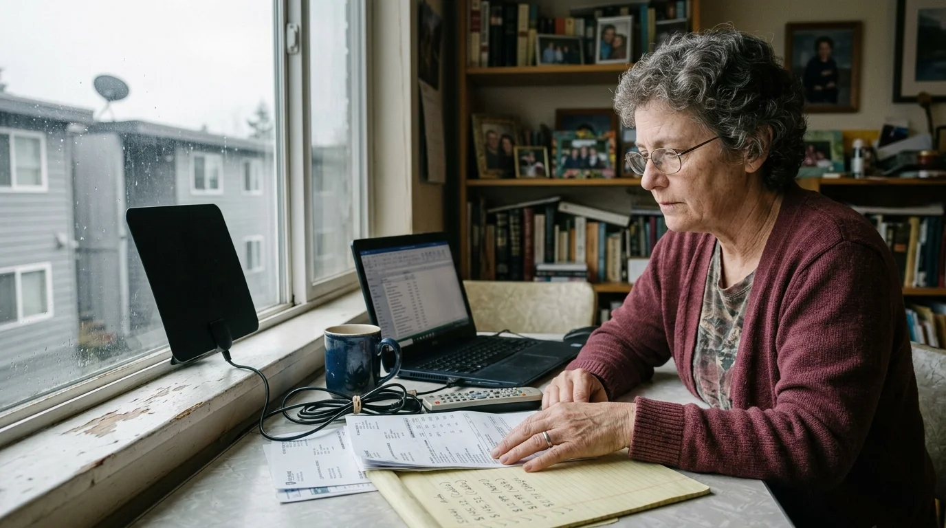 A woman reviews bills at a desk beside a laptop and a flat indoor TV antenna placed against a window.