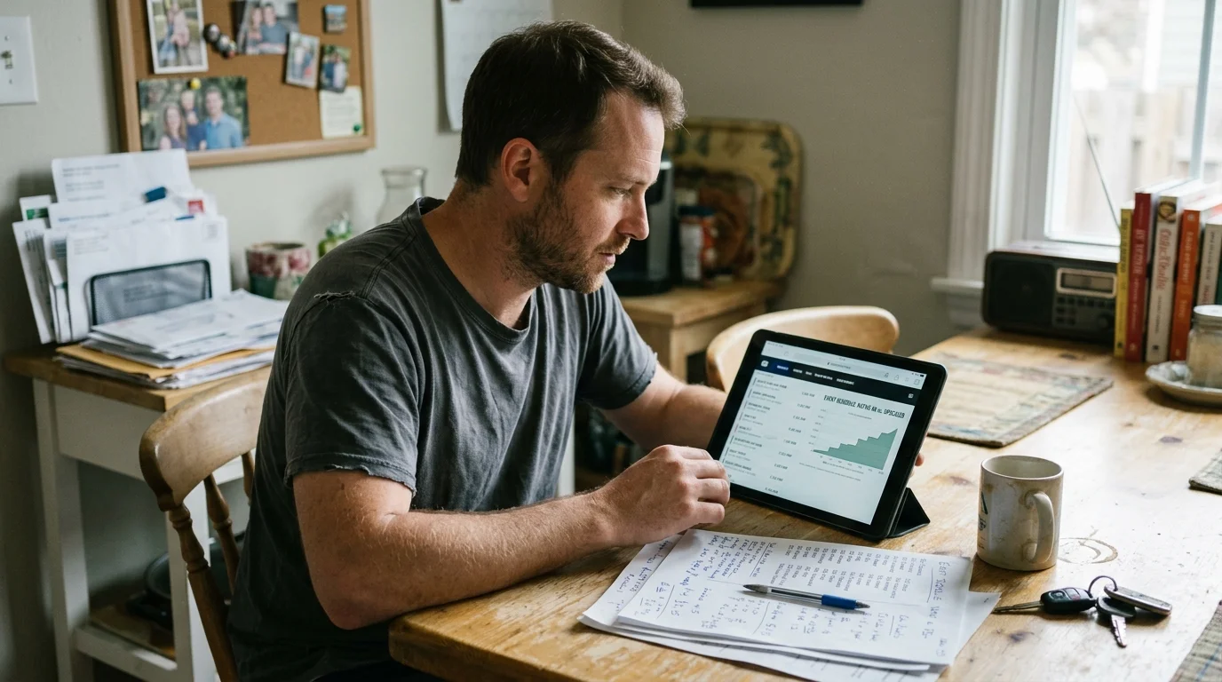 Man sitting at a wooden table looking at charts on a tablet next to handwritten papers and a coffee mug.