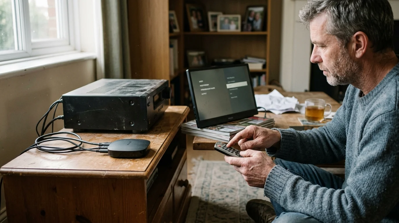 A man points a remote at a small screen beside an AV receiver and streaming box on a wooden cabinet.
