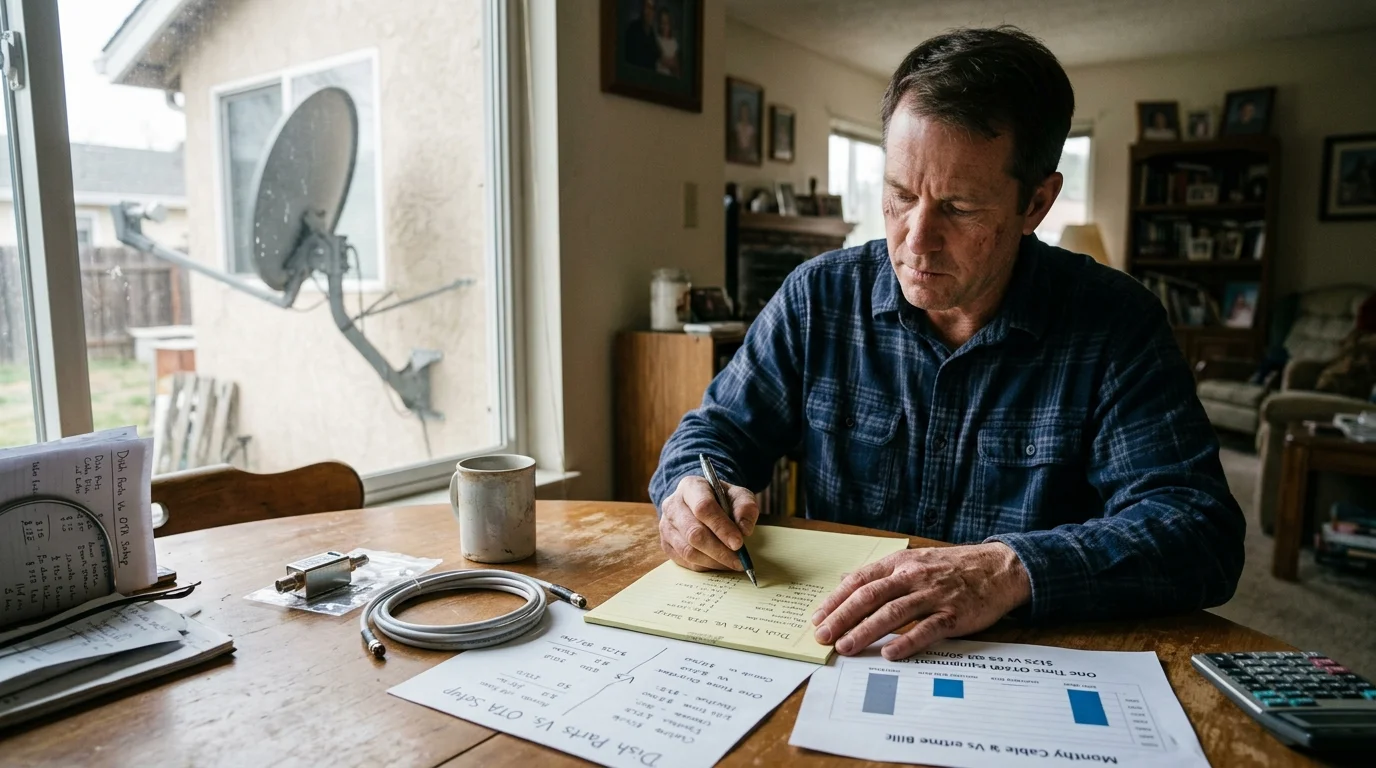 Man writing cost calculations on a notepad beside coaxial cable, with an old satellite dish visible outside the window.