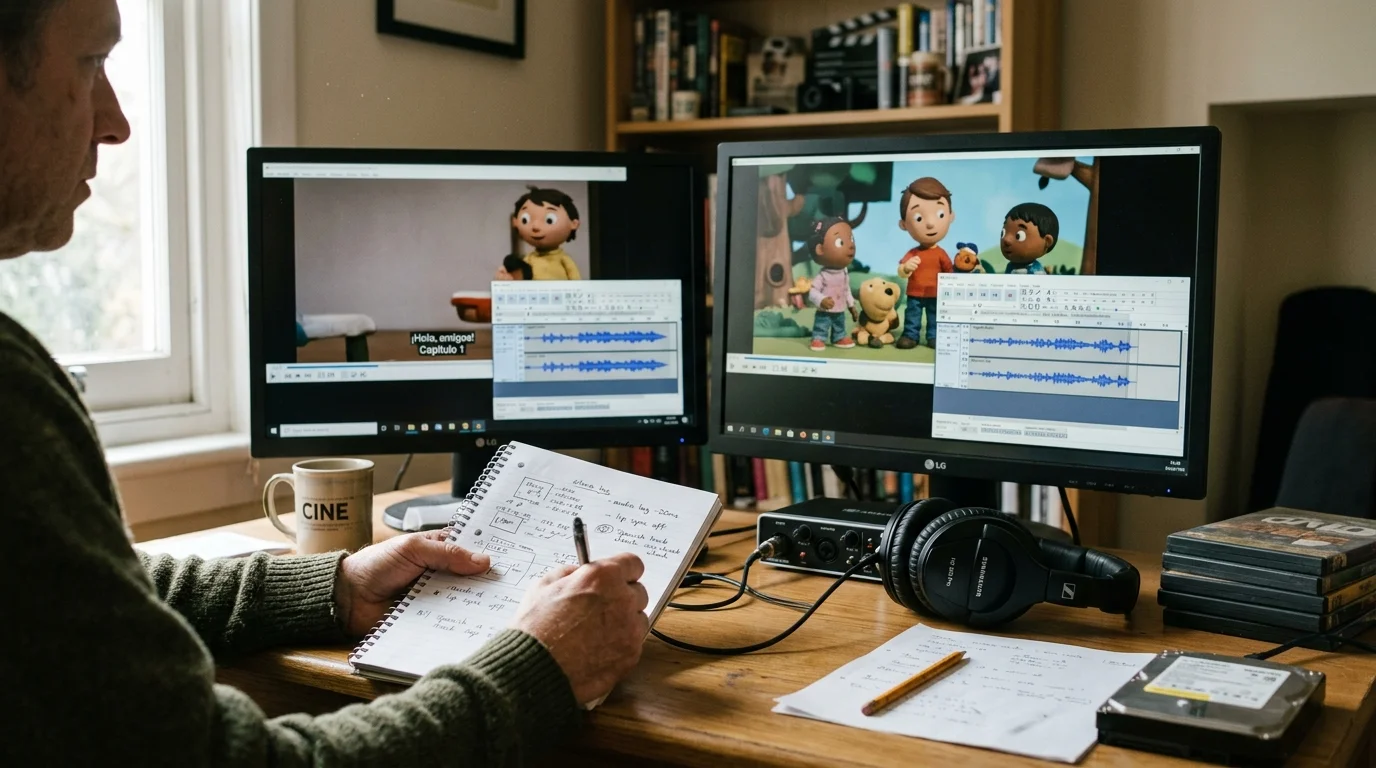 A person sitting at a desk with two computer monitors displaying animated shows and audio editing waveforms.