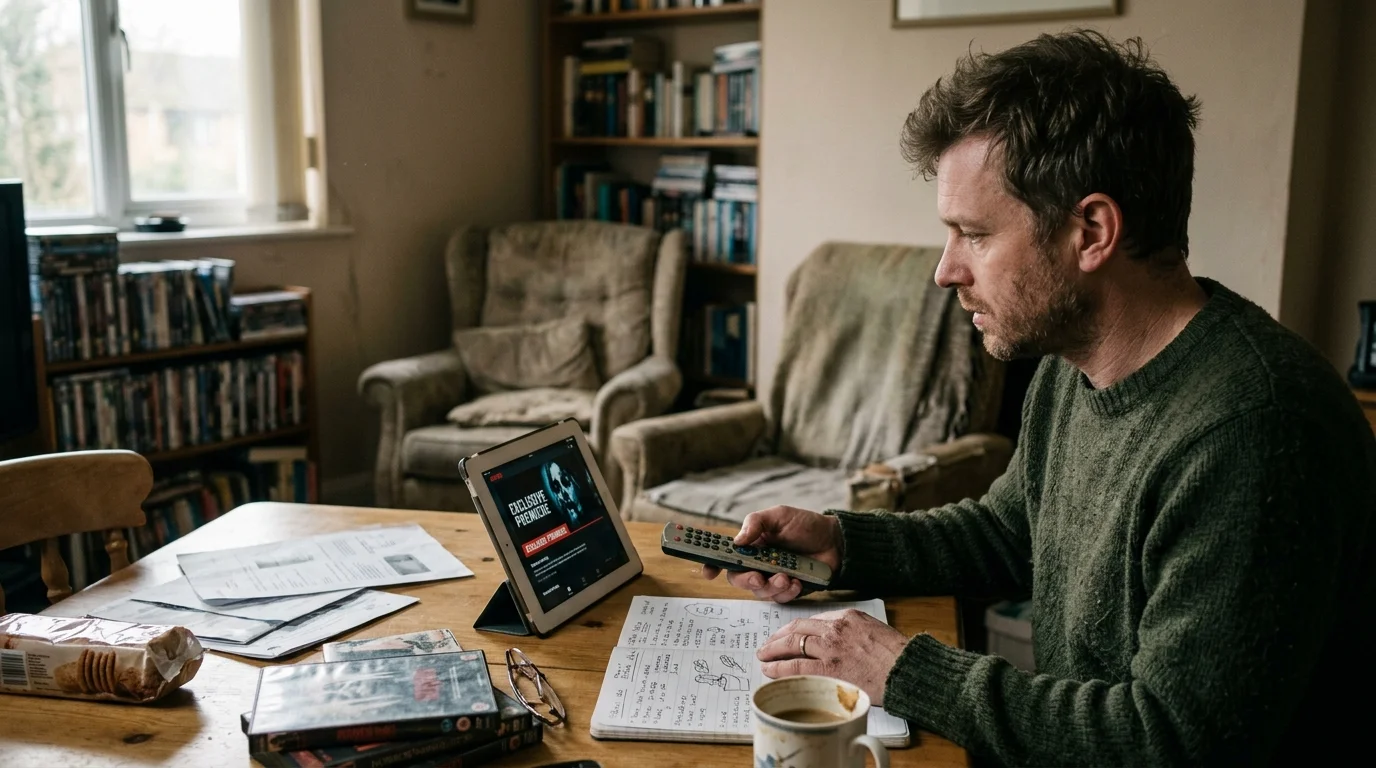 A man sits at a cluttered table holding a remote control while looking at a horror movie playing on a tablet.