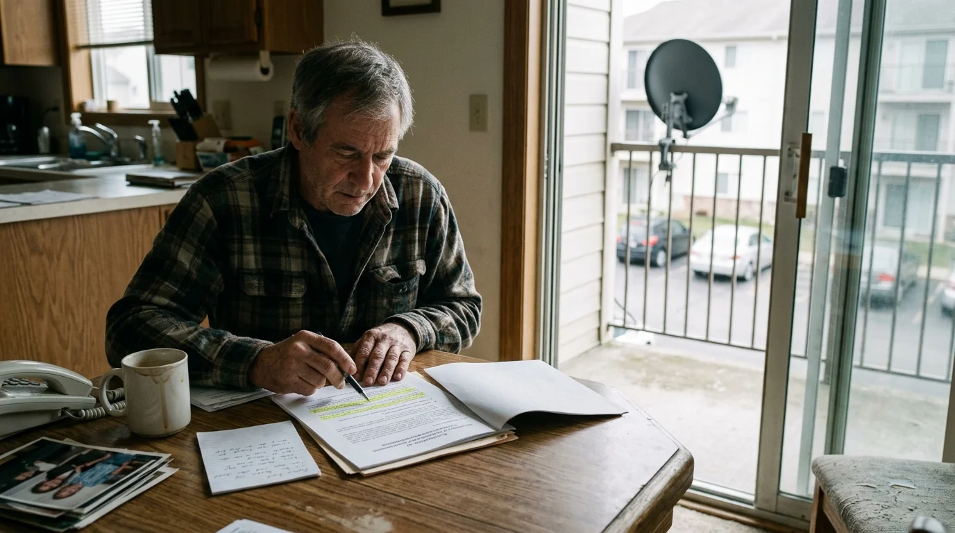 A man reviews paperwork at a table near a balcony where a satellite dish is mounted on the railing.