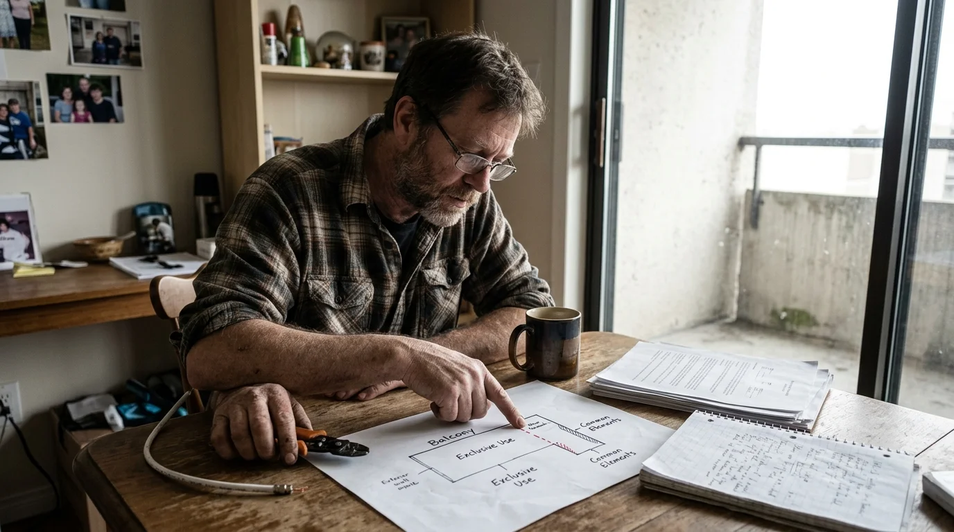 A man at a wooden table points to a hand-drawn diagram labeling condo balcony exclusive use versus common elements.