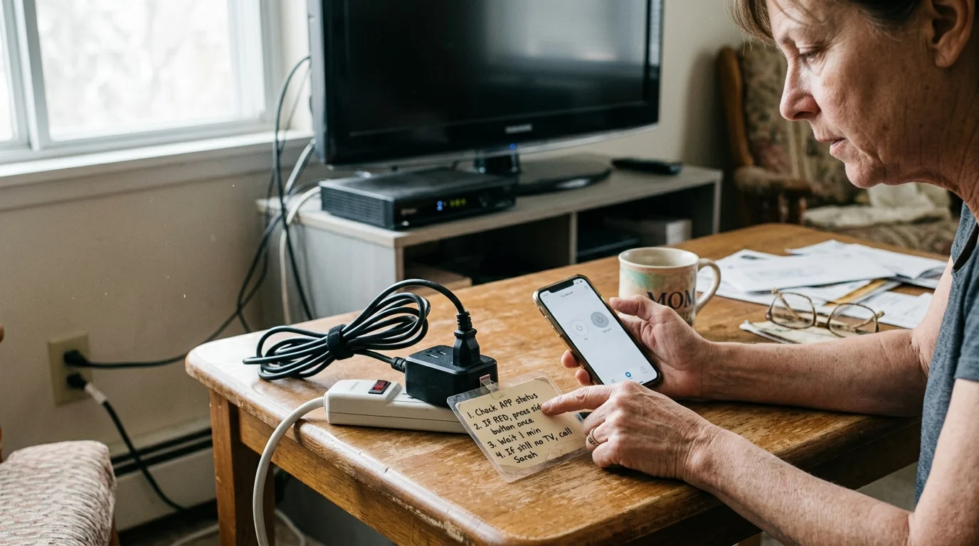 A woman sitting at a table uses a smartphone next to an electrical power strip with a handwritten instruction card.