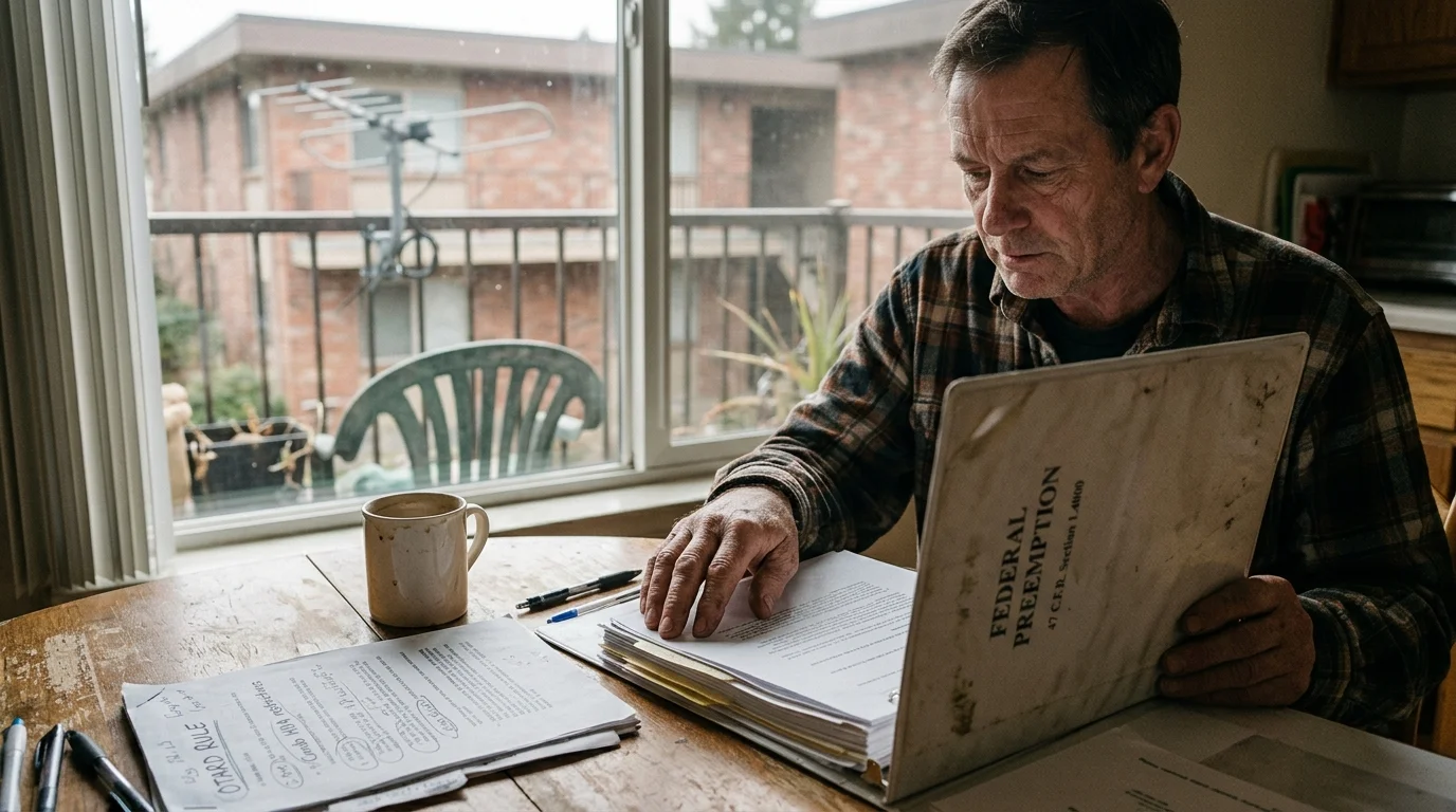 A man seated at a table reviews paperwork labeled Federal Preemption near a window overlooking a balcony antenna.