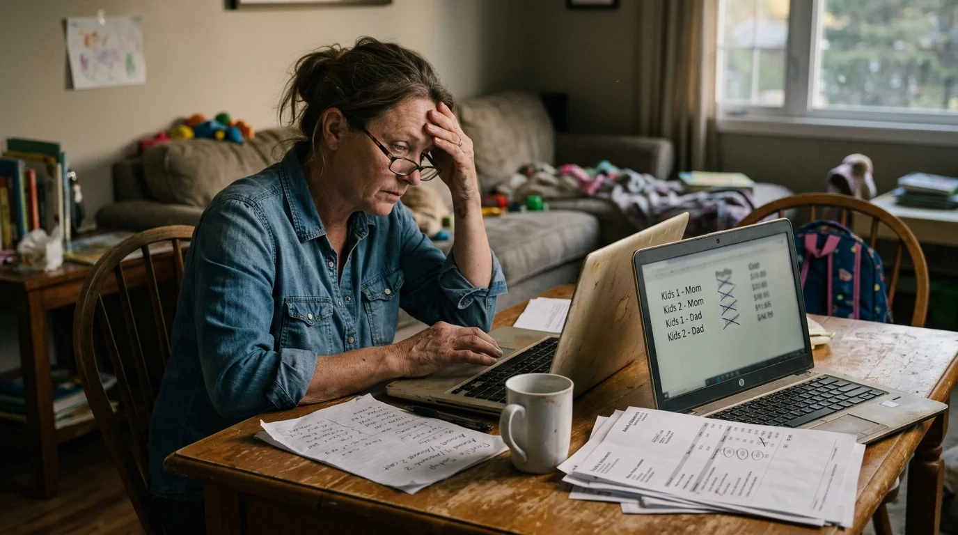 Stressed woman sitting at a dining table with two laptops, paperwork, and bills while holding her forehead.