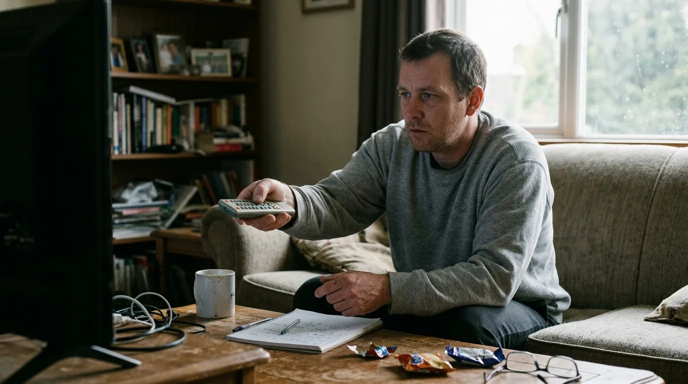 A man sitting on a living room sofa points a remote control toward a television screen beside a notebook on a coffee table.