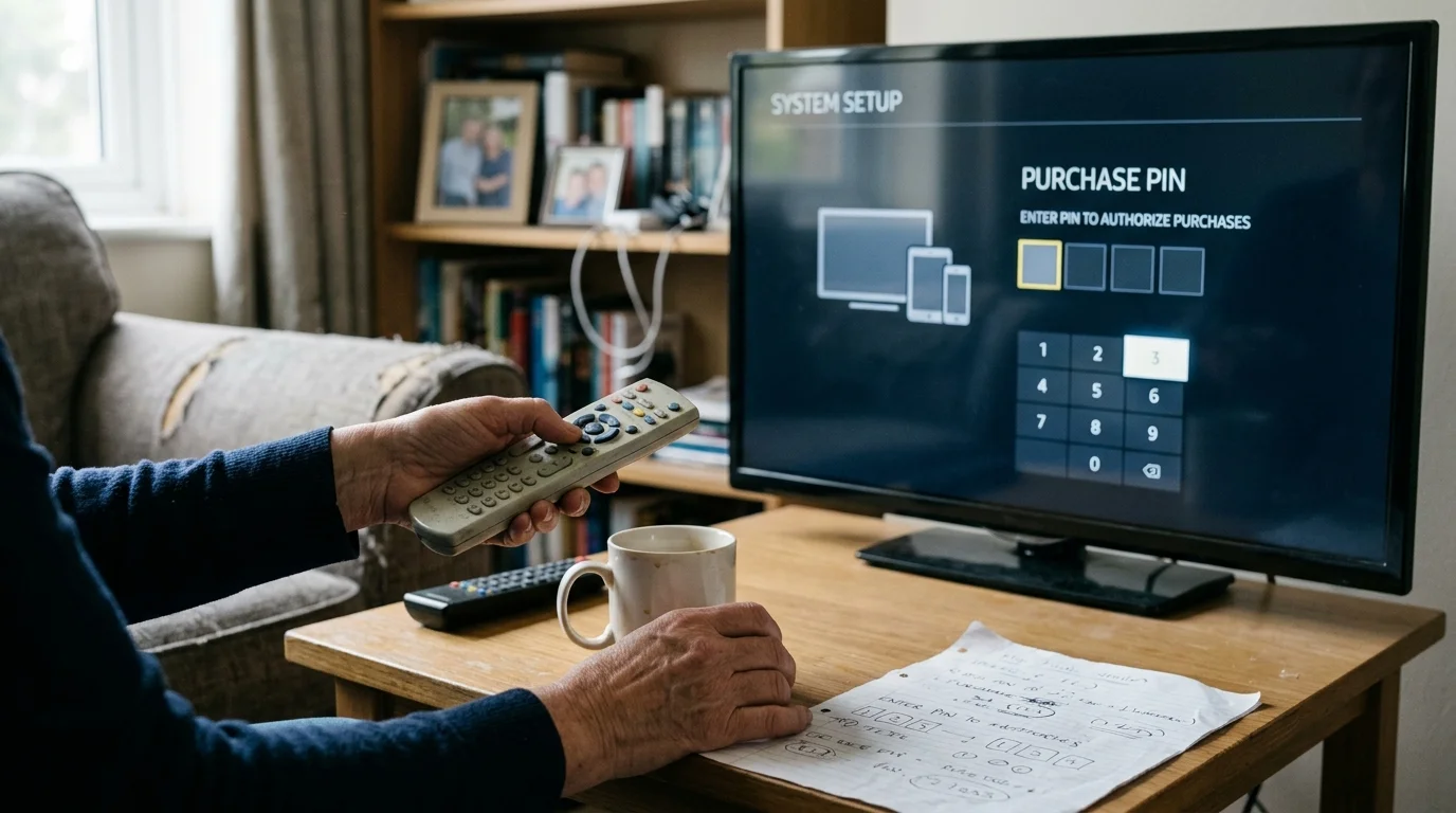 A person holding a remote control toward a television displaying a purchase PIN setup screen with a number pad.