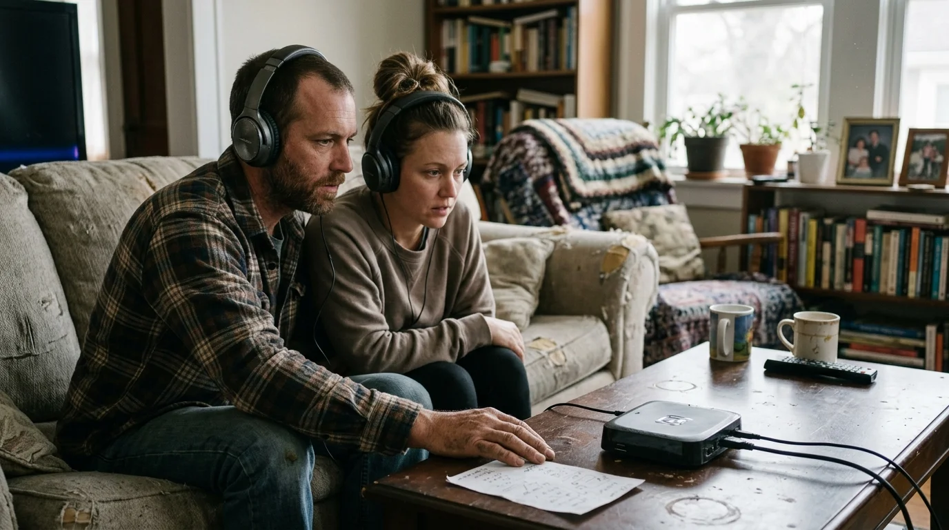 A man and woman wearing headphones sit on a couch looking at a streaming box on the coffee table.