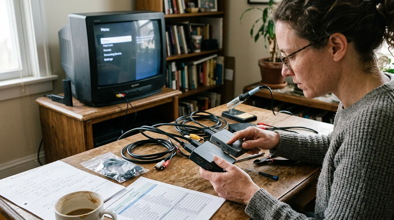 A woman examines small video converter boxes at a desk with cables and a vintage CRT television in the background.