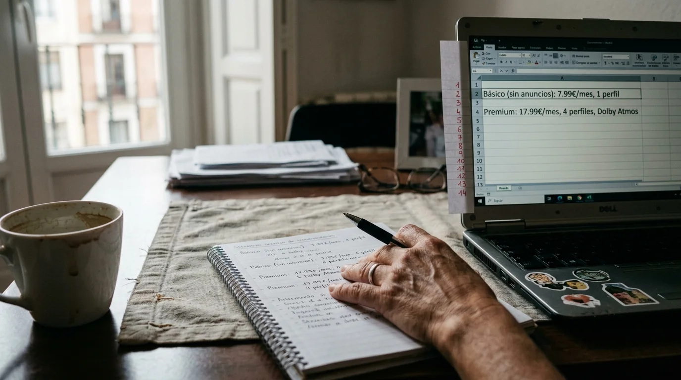 Person writing notes in a spiral notebook beside an open laptop displaying a spreadsheet with subscription prices.