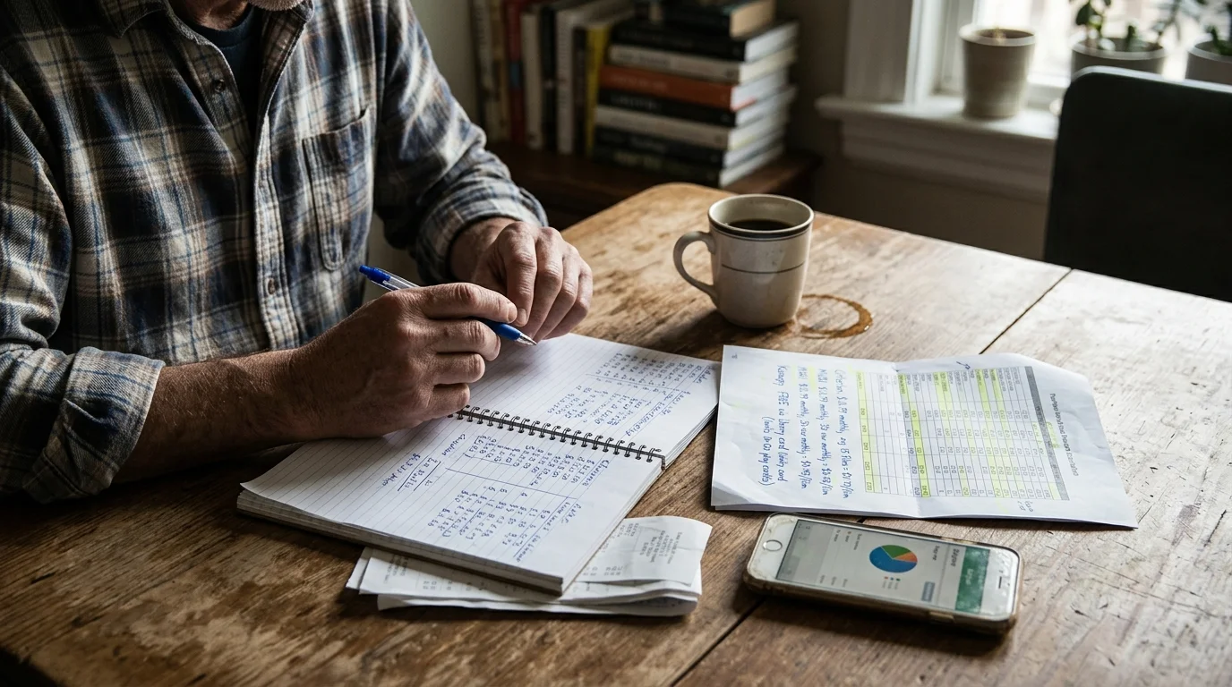A person writing in a notebook at a wooden table with financial papers, a smartphone, and a cup of coffee.
