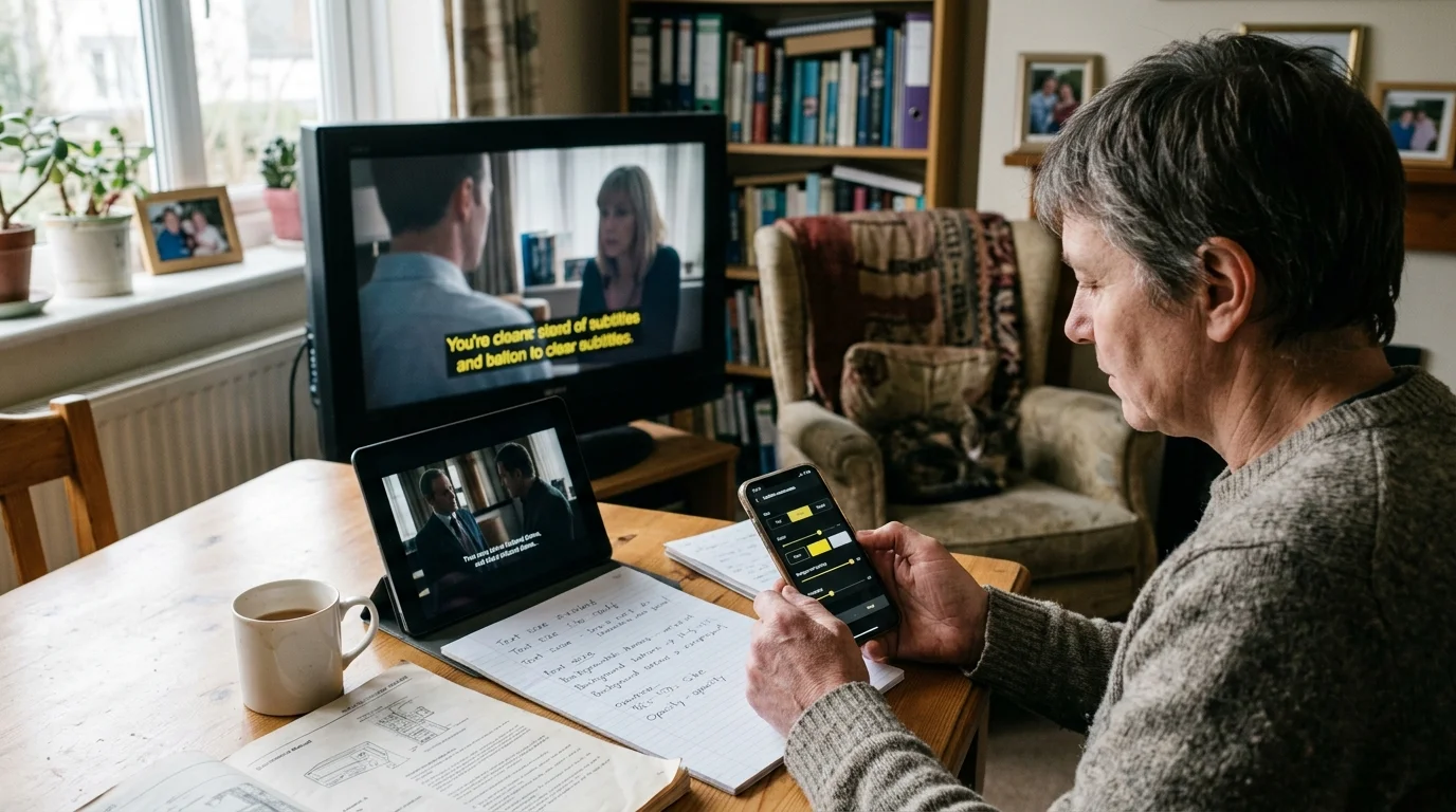 Person sitting at a table with a smartphone, tablet, and TV screen, comparing subtitle display settings and taking notes.
