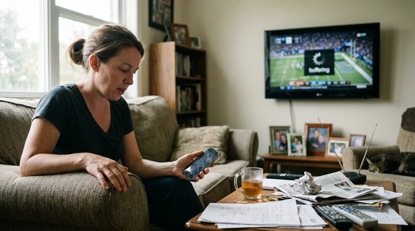 A woman sits on a living room sofa holding a phone while a television in the background displays a buffering football game.