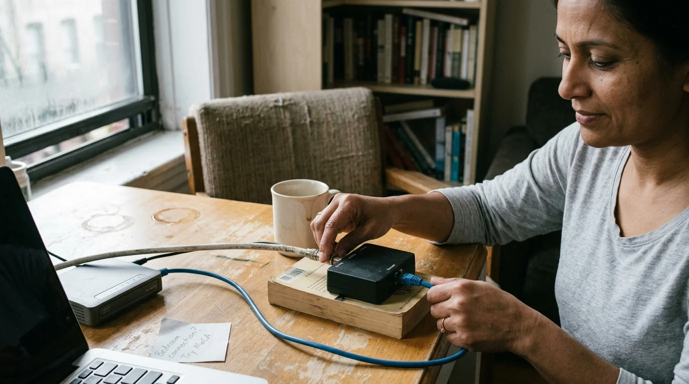 A woman connects a coaxial cable and an Ethernet cable into a small black MoCA adapter on a wooden table.