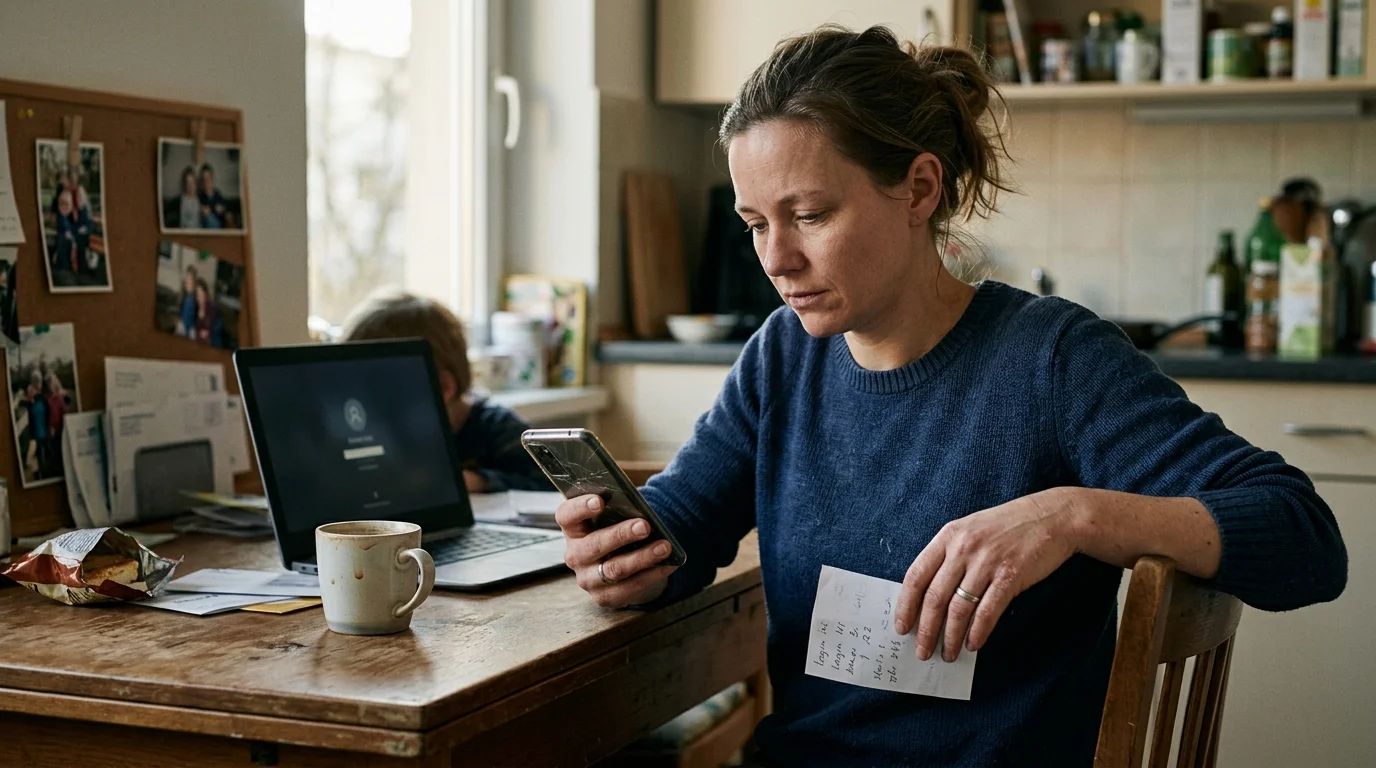 A woman sitting at a wooden table holds a smartphone and paper note, with an open laptop and coffee mug nearby.
