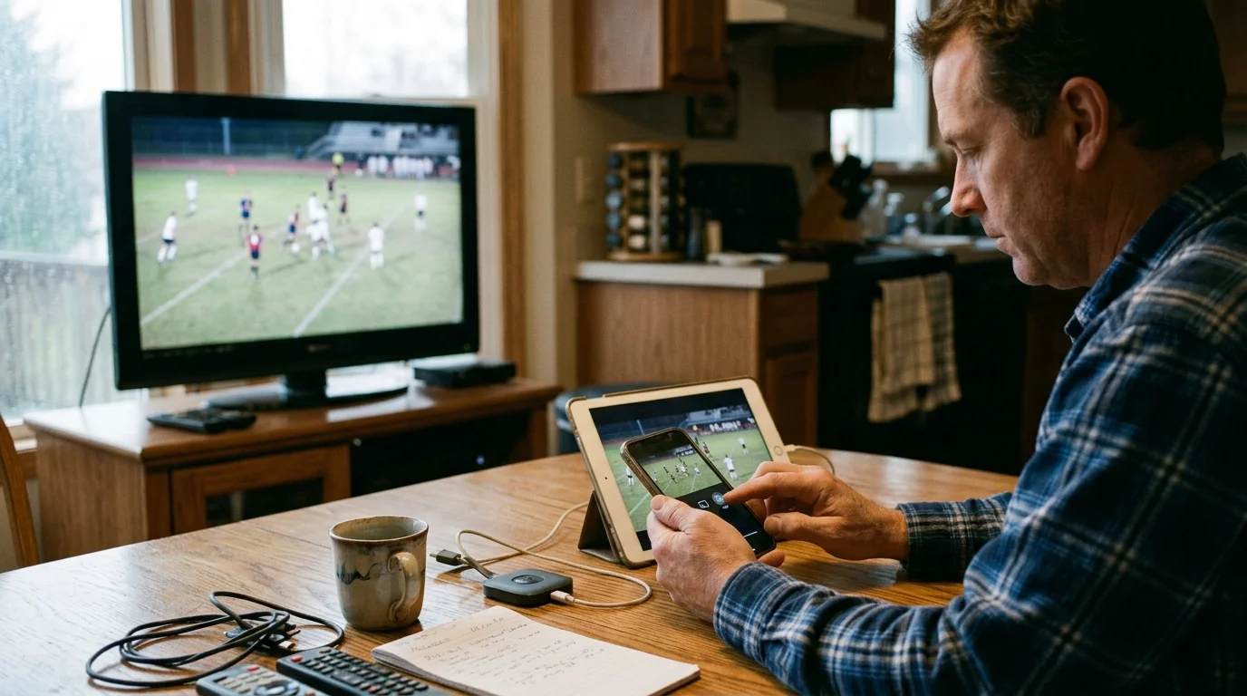 A man at a wooden table uses a smartphone and tablet while a football game plays on a nearby television.