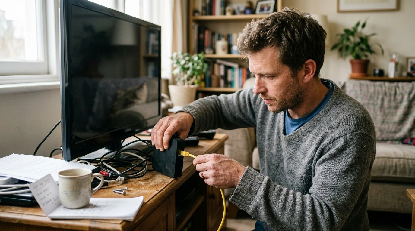A man plugs a yellow Ethernet cable into a small black box on a wooden console beside a television.
