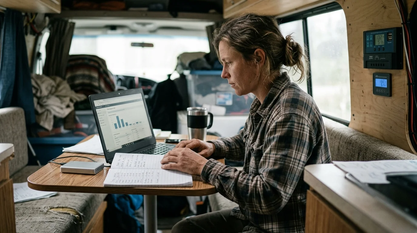 Woman in a plaid shirt sits inside a camper van, typing on a laptop at a small table with an open notebook.