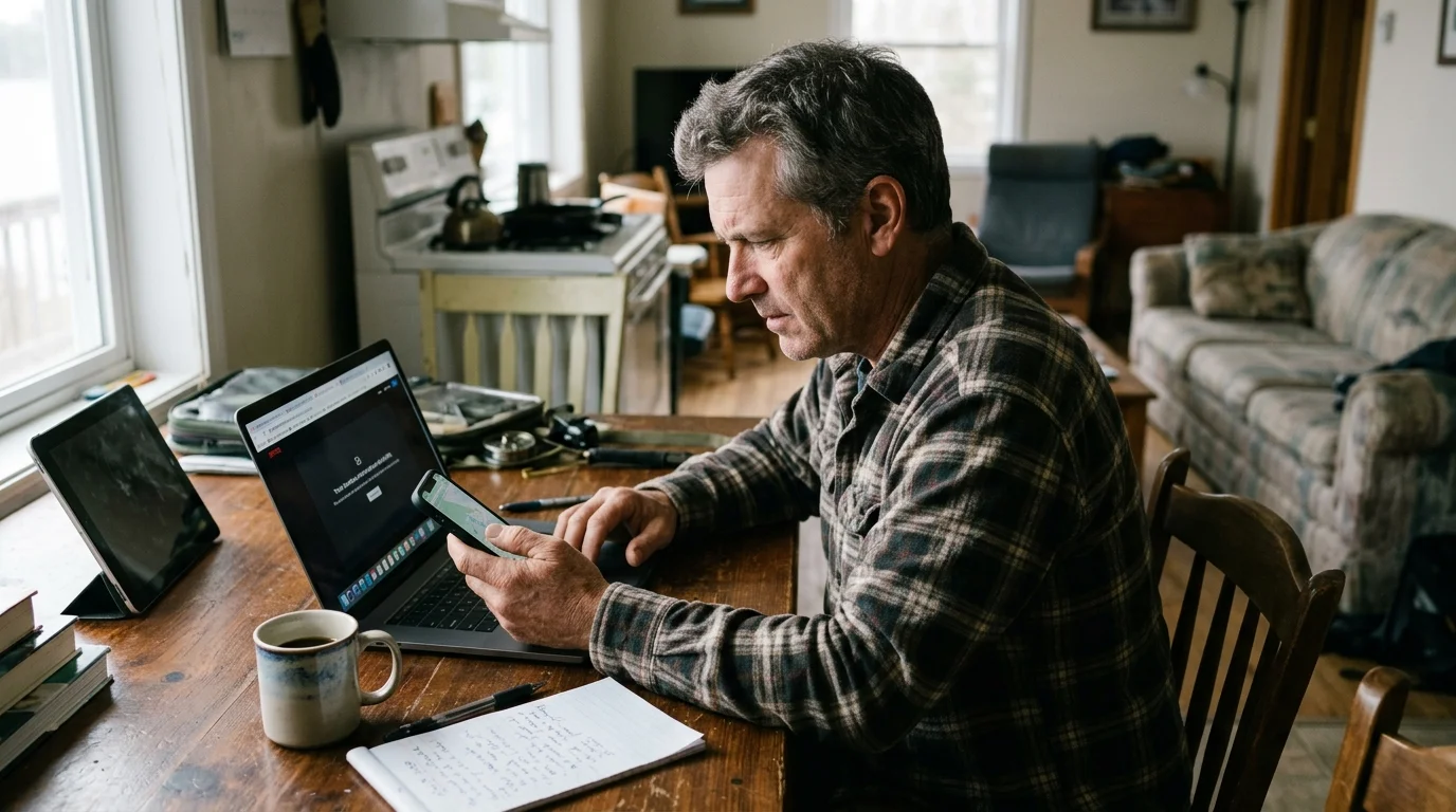 A man in a plaid shirt sits at a wooden table using a smartphone alongside an open laptop and notebook.