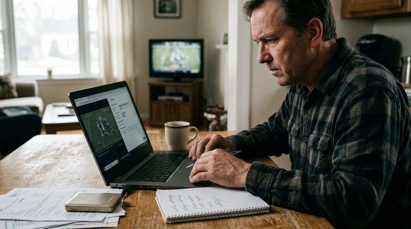 A man sits at a wooden table working on a laptop, with a notepad nearby and a football game on TV in the background.