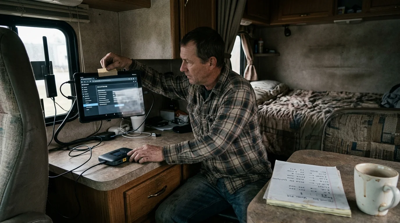 A man inside a camper van adjusts a mounted tablet connected by cable to a mobile hotspot on the desk.
