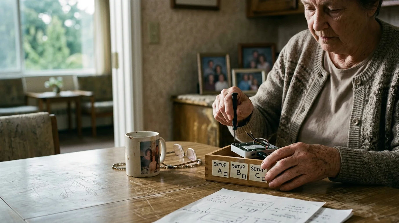 An elderly woman uses a small screwdriver on electronics inside a wooden box labeled Setup A, B, and C on a table.