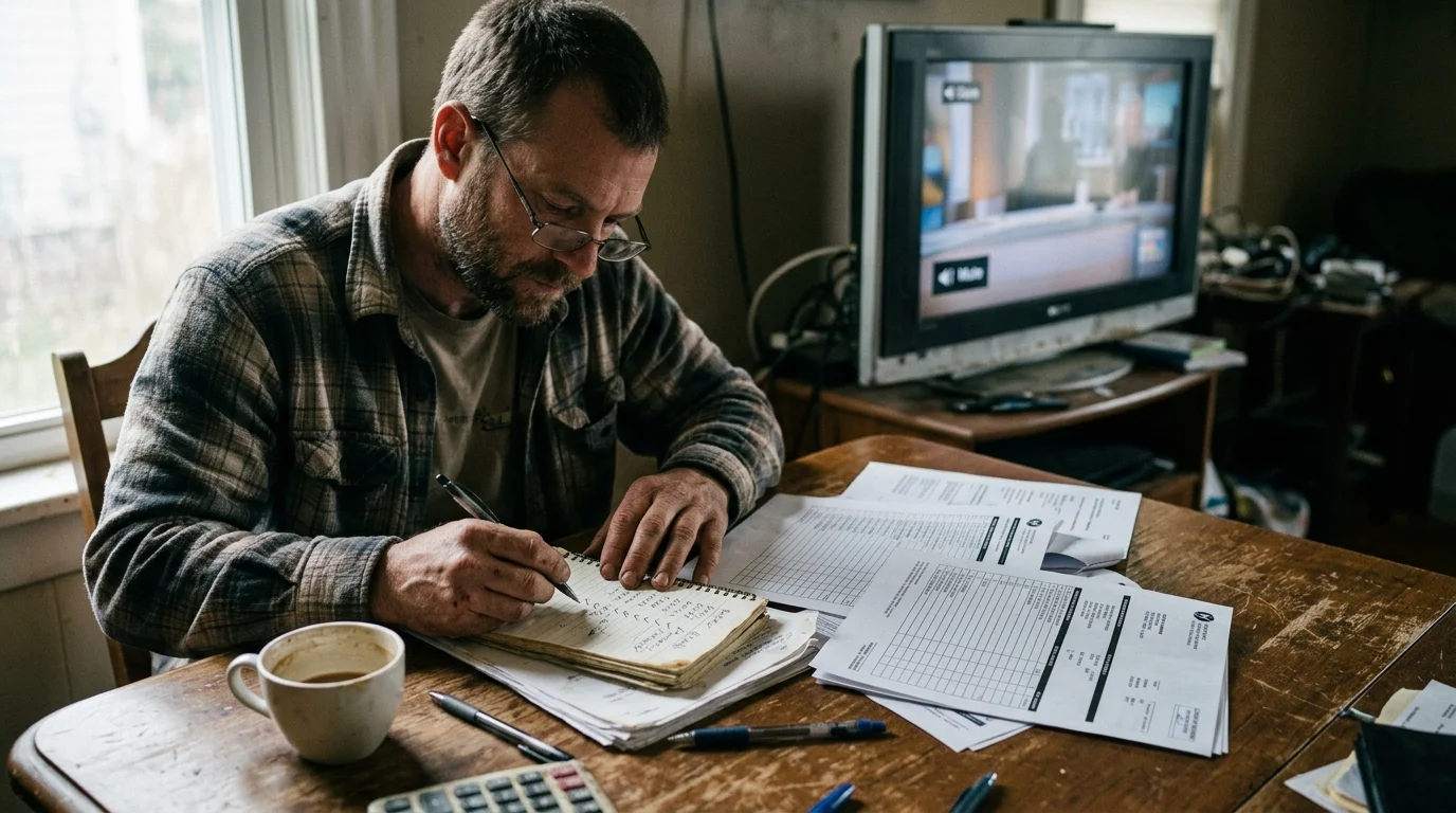 A man wearing glasses writes on a notepad at a wooden table with paperwork, a coffee cup, and a muted television behind him.