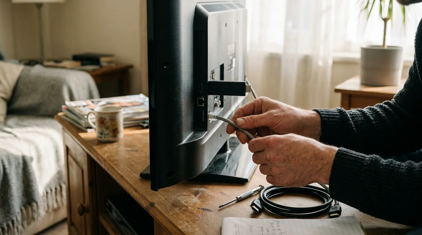 Hands plugging a gray telephone-style modular cable into the back port of a television near an HDMI streaming stick.