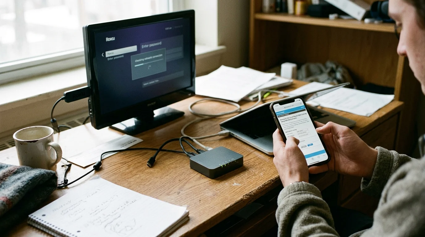 Person holding a phone near a travel router, laptop, and small monitor showing a Roku network connection screen.