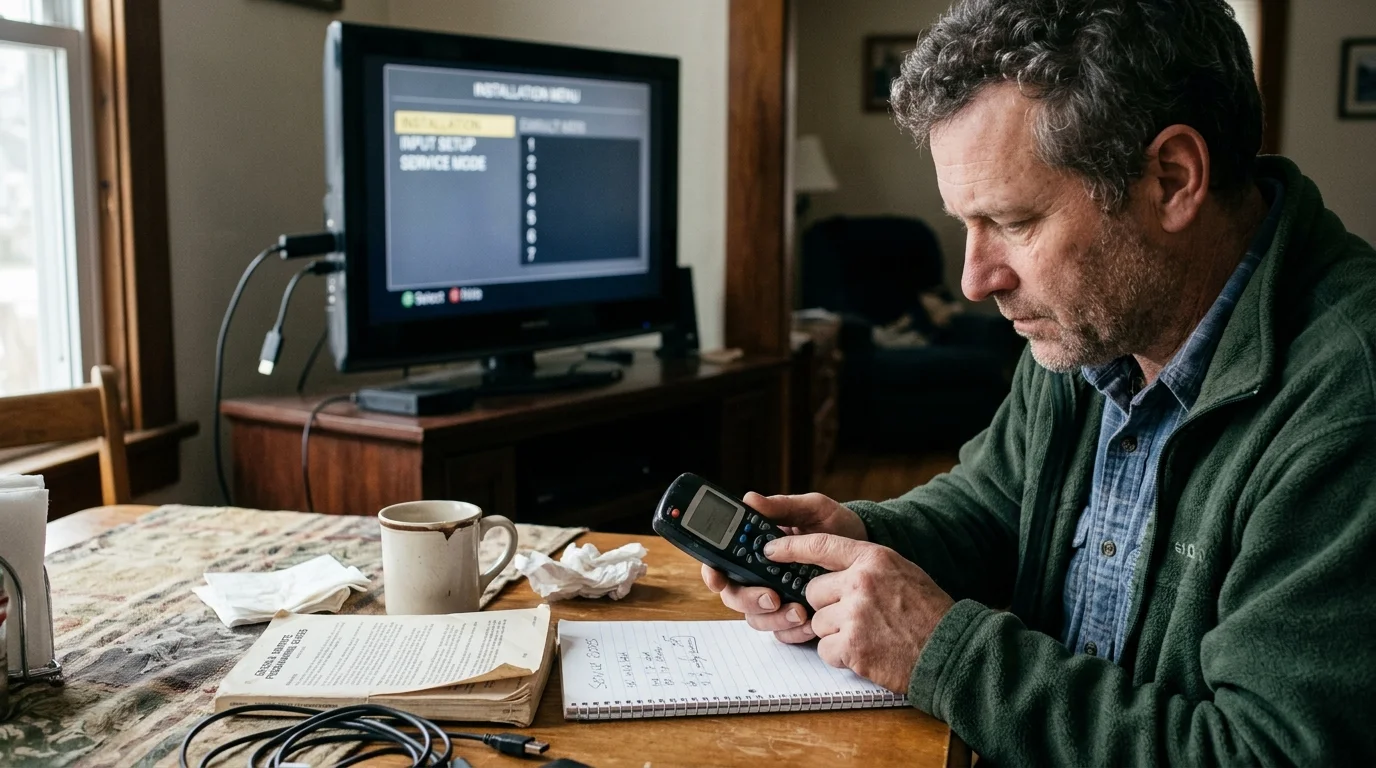 A man holds a remote control at a wooden table while looking past notes toward a television showing an installation menu.