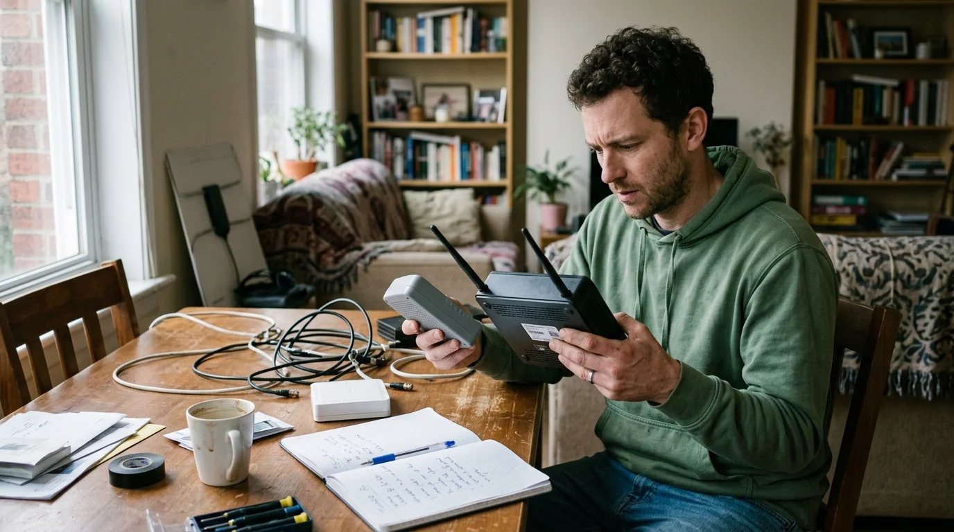 A man at a wooden table examines two network devices with antennas surrounded by cables, a notebook, and tools.